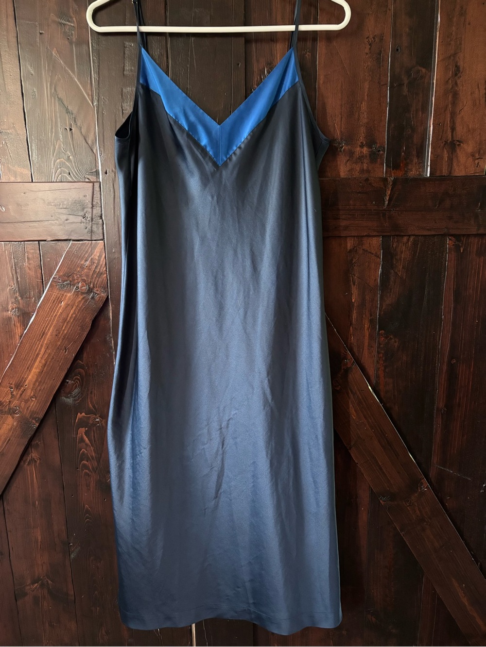 Soma Sensual Satin Maxi Slip-dress Nightgown Navy Blue with Contrast Trim
